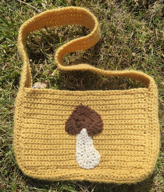 Handmade Crochet Mustard Shoulder Bag Purse With Mushroom Applique