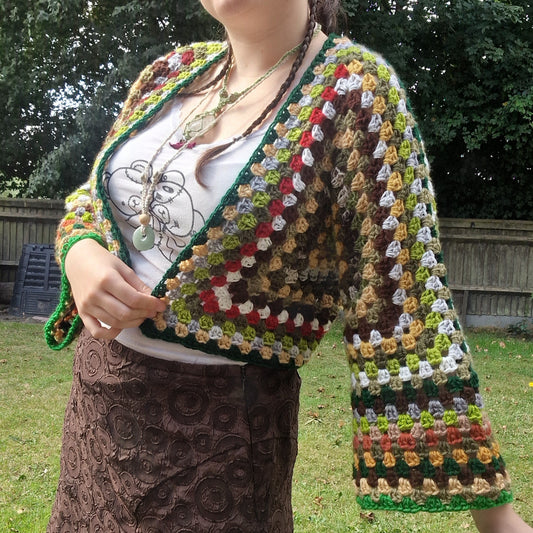 Scrap Yarn Crochet Hexagon Cropped Cardigan Size Small OOAK