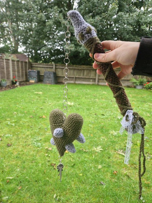 Crochet Heart Flail - 'Thorn heart'. Green & Grey Fae Theme