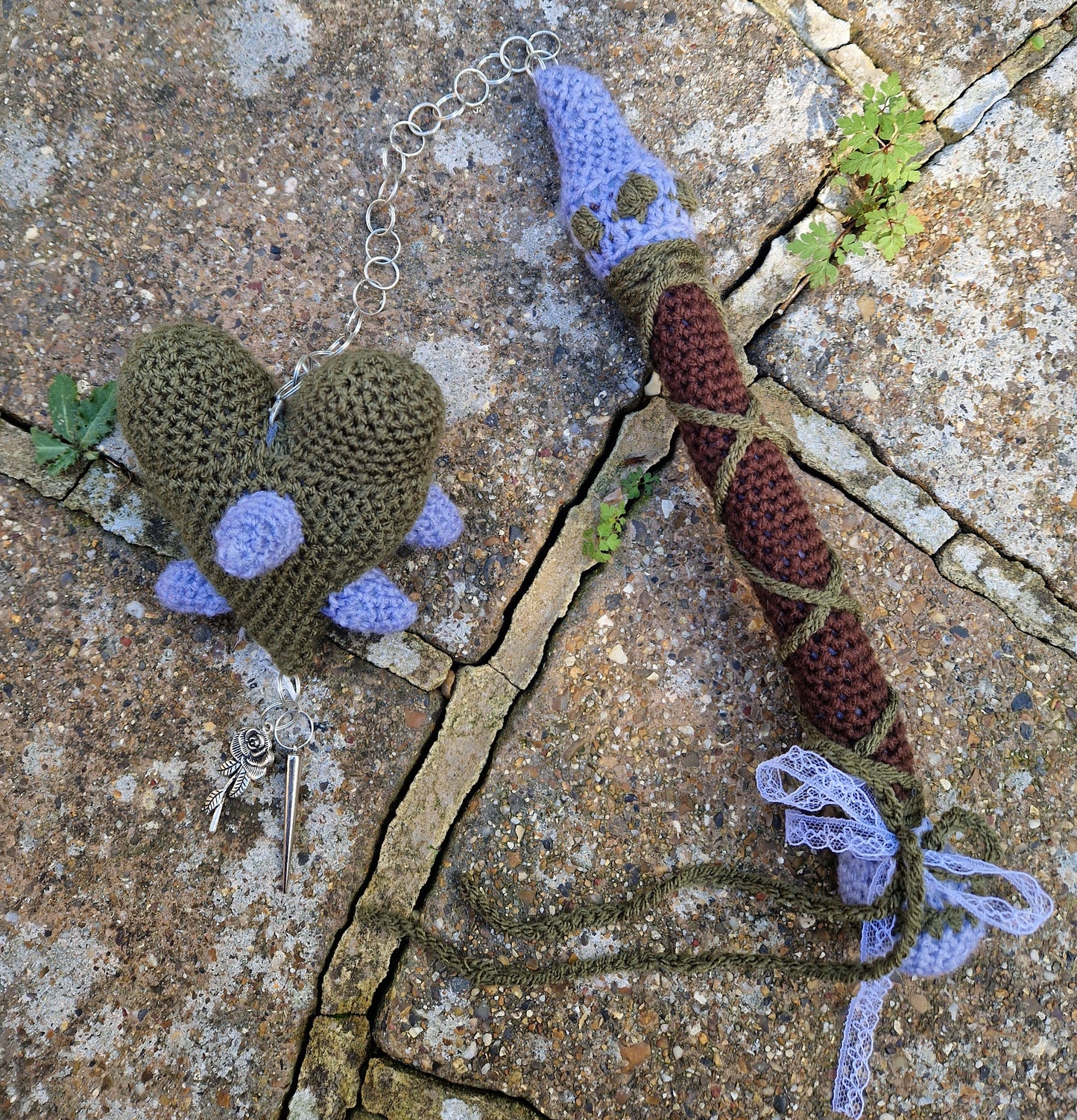 Crochet Heart Flail - 'Thorn heart'. Green & Grey Fae Theme