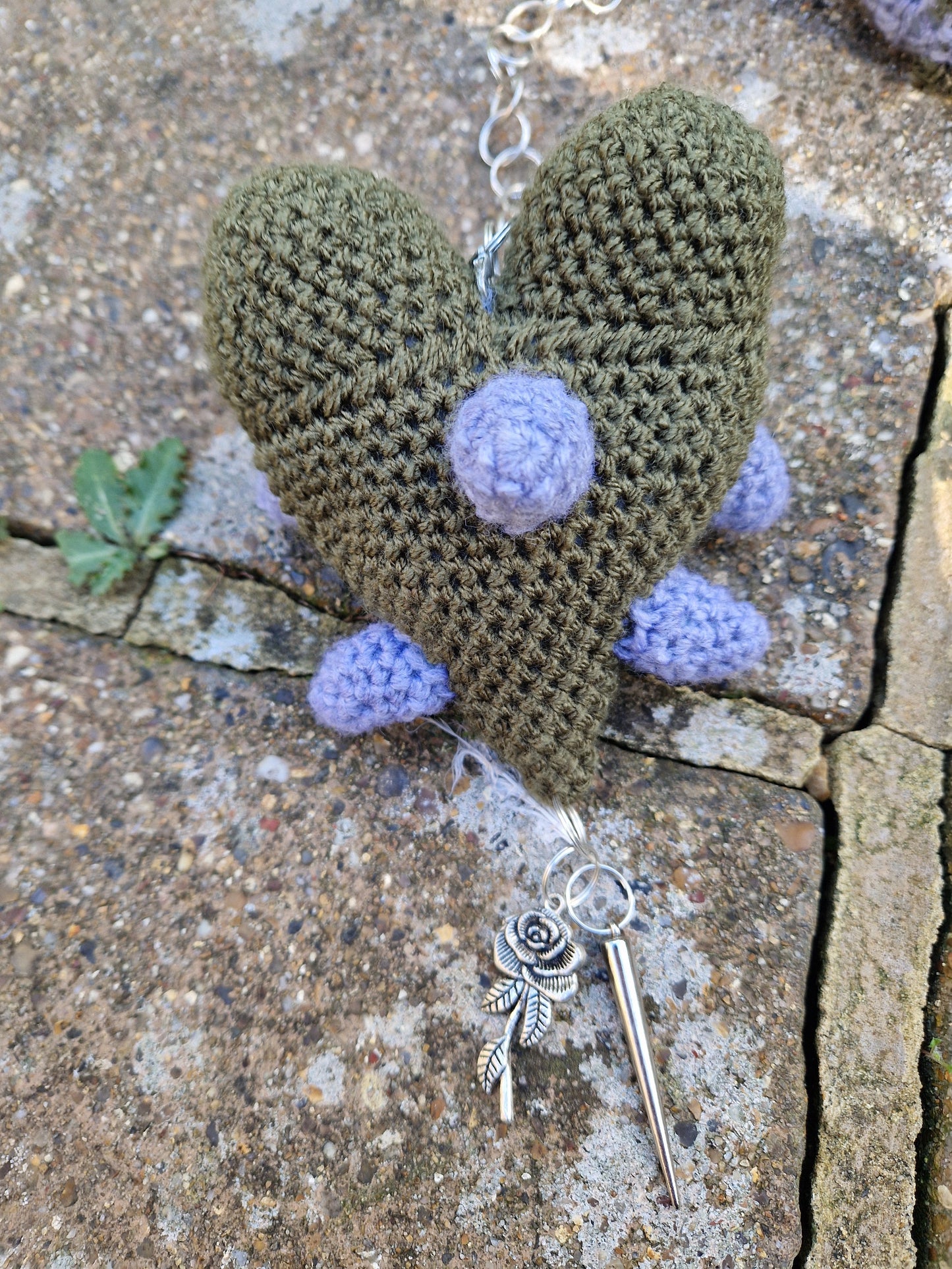 Crochet Heart Flail - 'Thorn heart'. Green & Grey Fae Theme