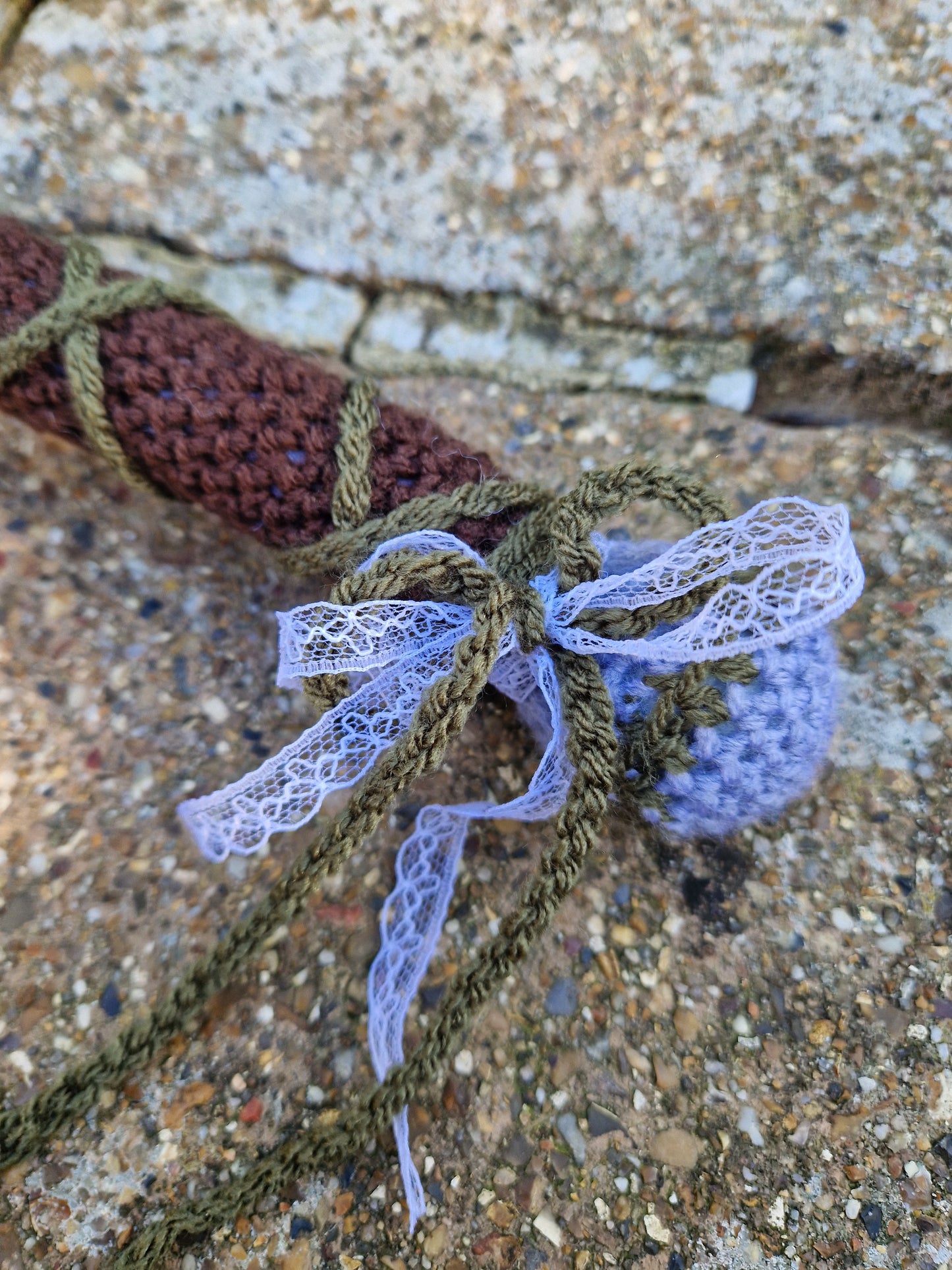 Crochet Heart Flail - 'Thorn heart'. Green & Grey Fae Theme