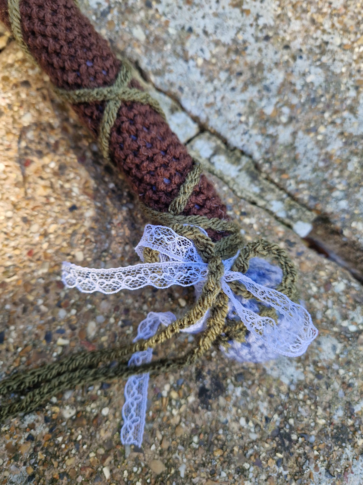 Crochet Heart Flail - 'Thorn heart'. Green & Grey Fae Theme