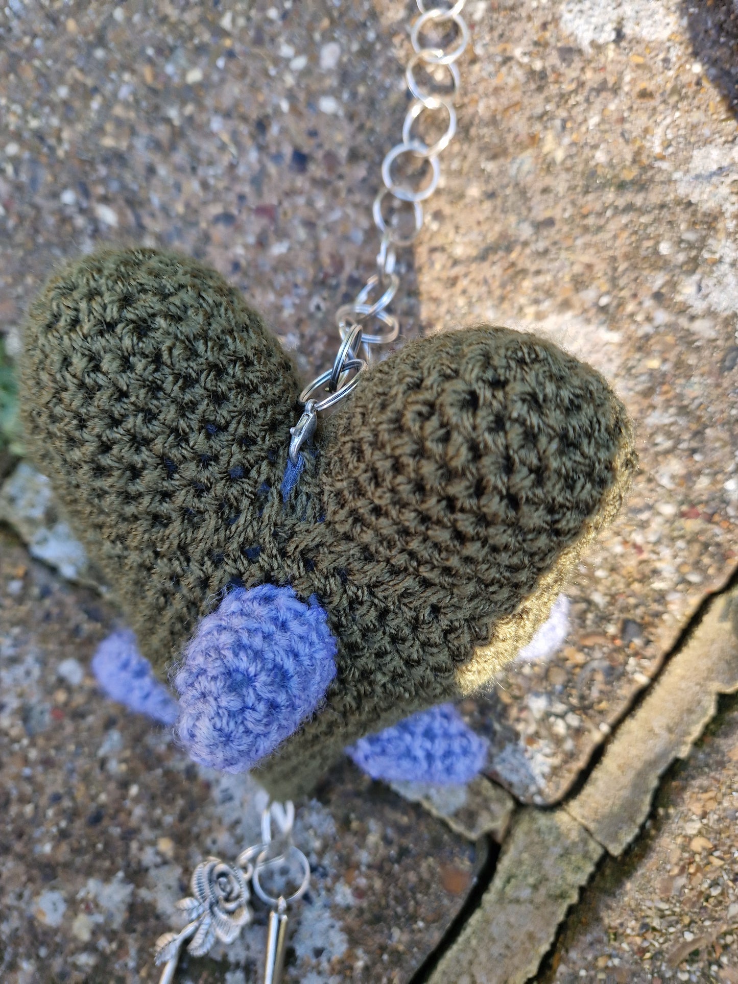 Crochet Heart Flail - 'Thorn heart'. Green & Grey Fae Theme
