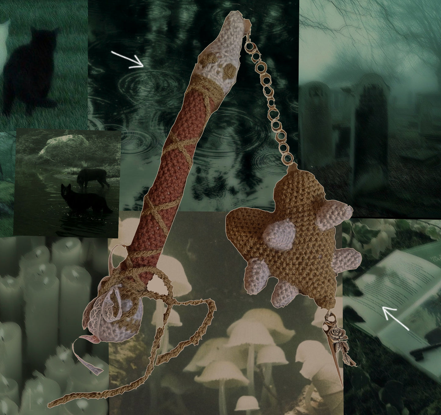 Crochet Heart Flail - 'Thorn heart'. Green & Grey Fae Theme
