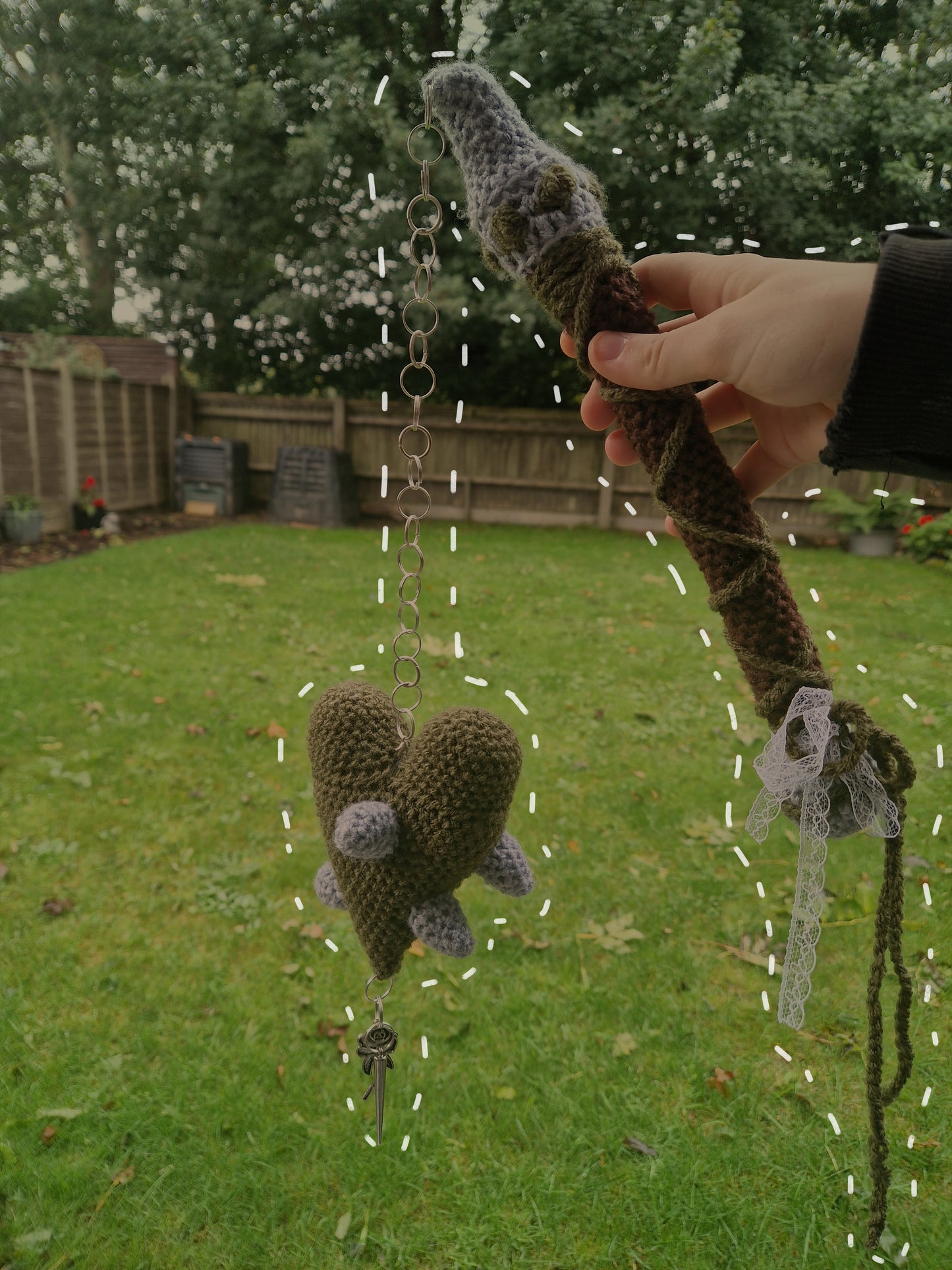 Crochet Heart Flail - 'Thorn heart'. Green & Grey Fae Theme