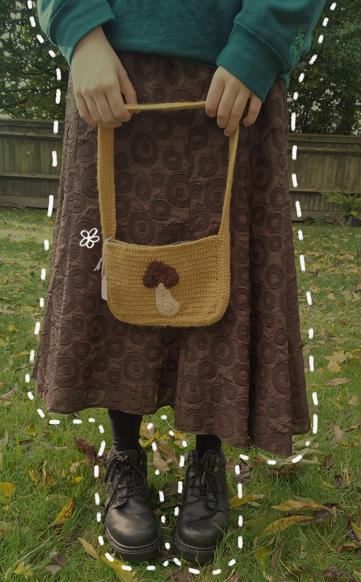 Handmade Crochet Mustard Shoulder Bag Purse With Mushroom Applique