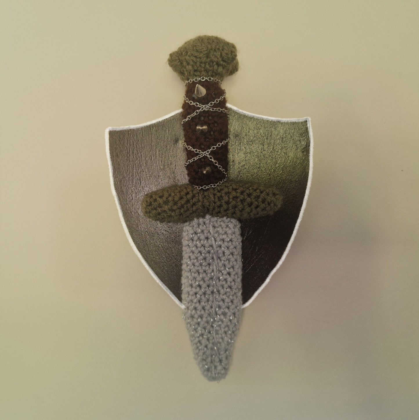 Crochet Mini Dagger Mounted On Shield With Chain & Spikes