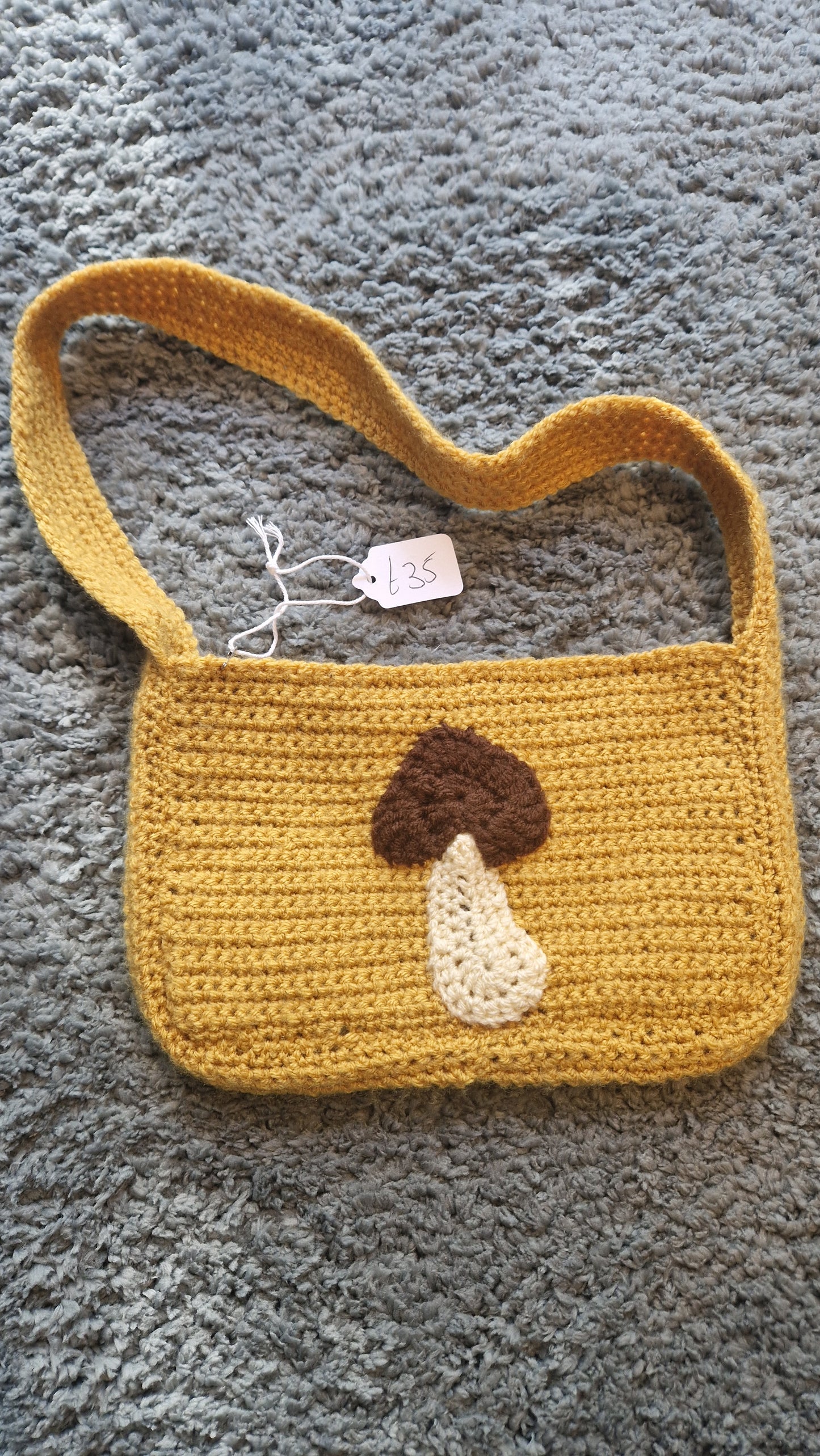 Handmade Crochet Mustard Shoulder Bag Purse With Mushroom Applique