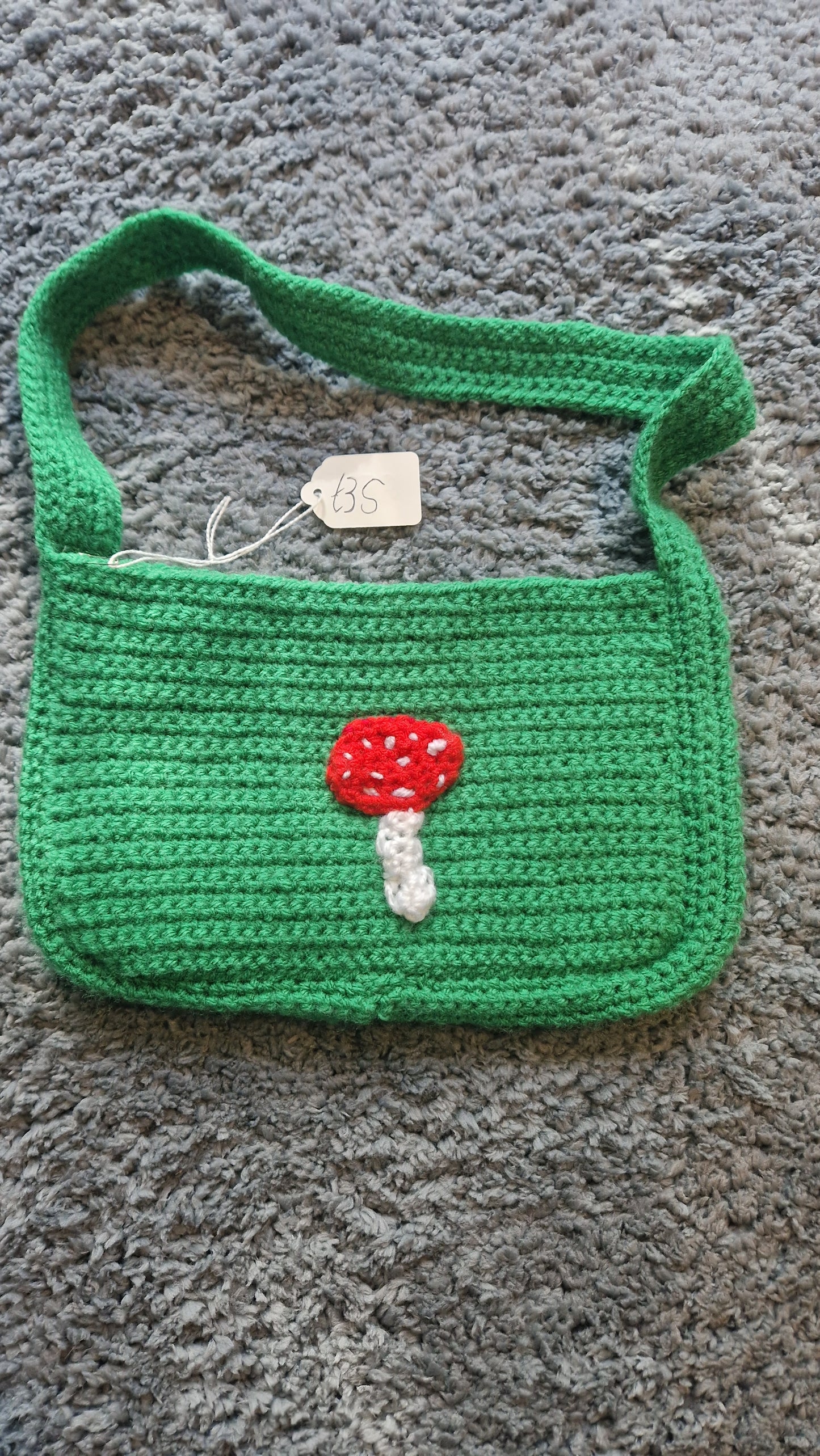 Handmade Crochet Green Shoulder Bag Purse With Mushroom Applique