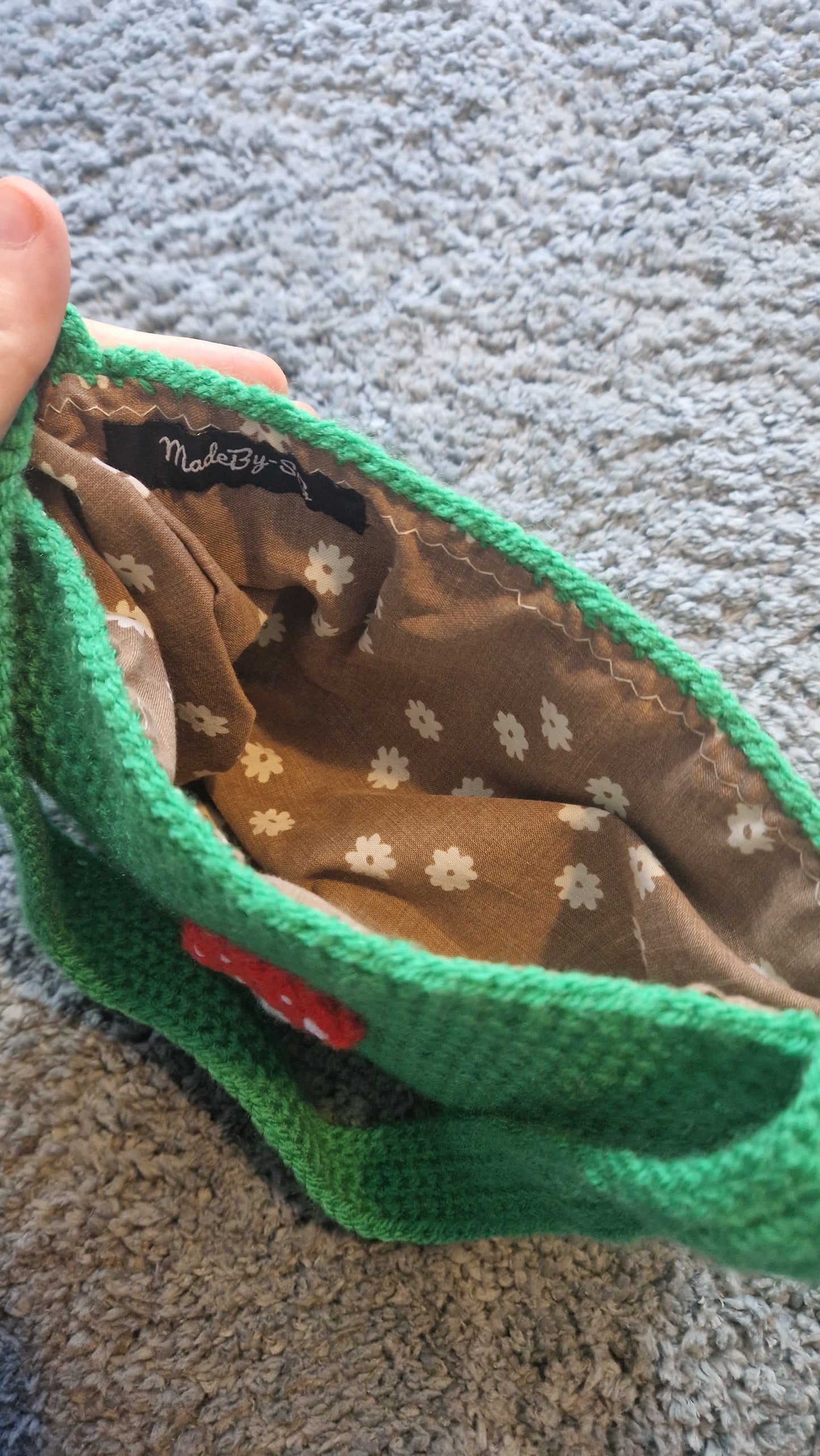 Handmade Crochet Green Shoulder Bag Purse With Mushroom Applique