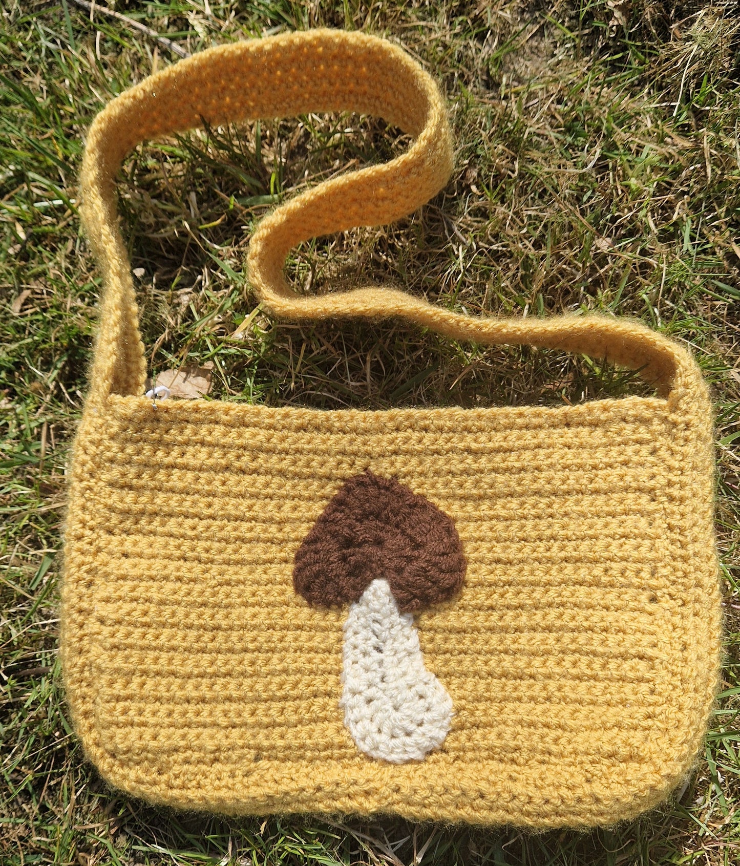 Handmade Crochet Mustard Shoulder Bag Purse With Mushroom Applique