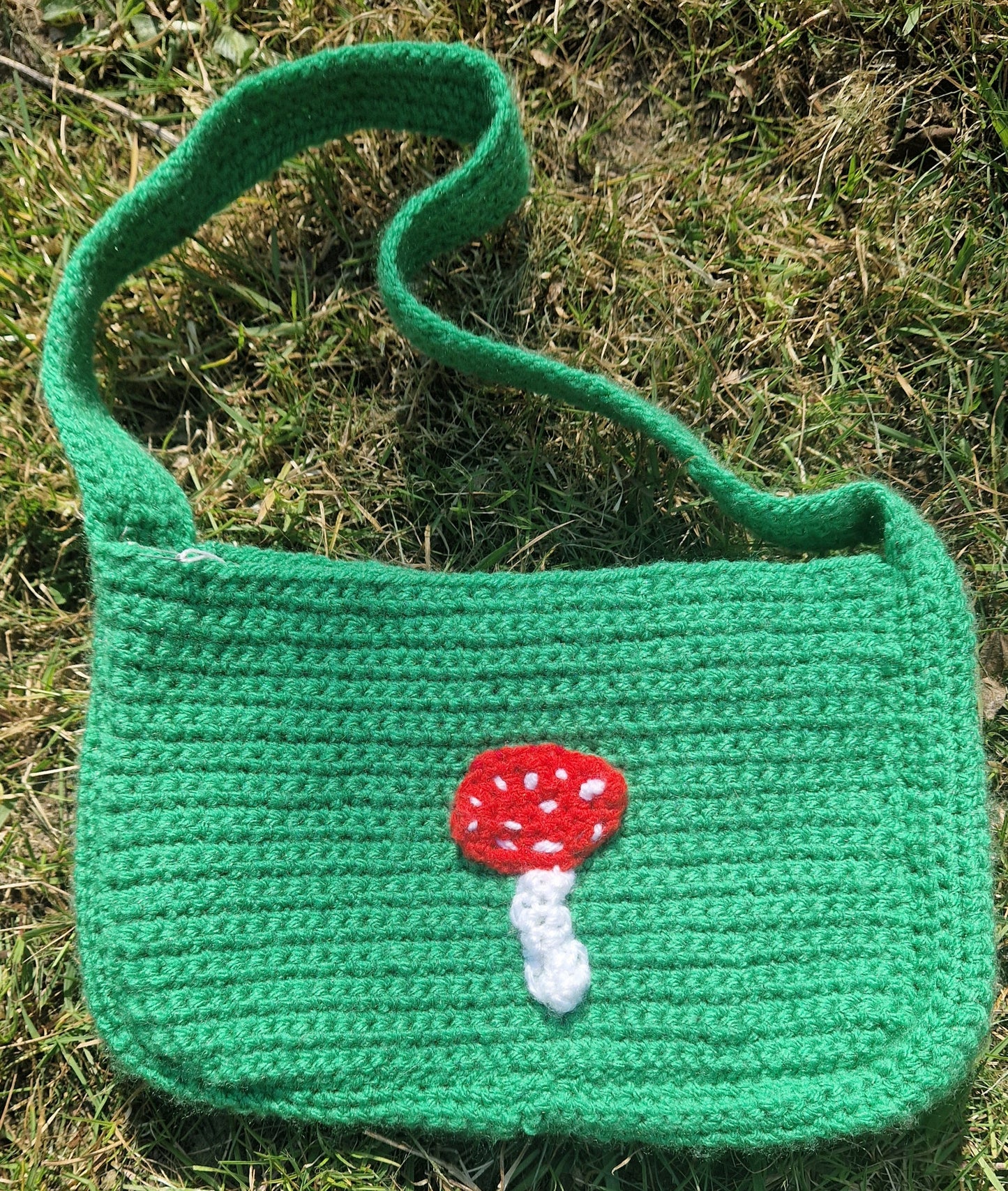 Handmade Crochet Green Shoulder Bag Purse With Mushroom Applique