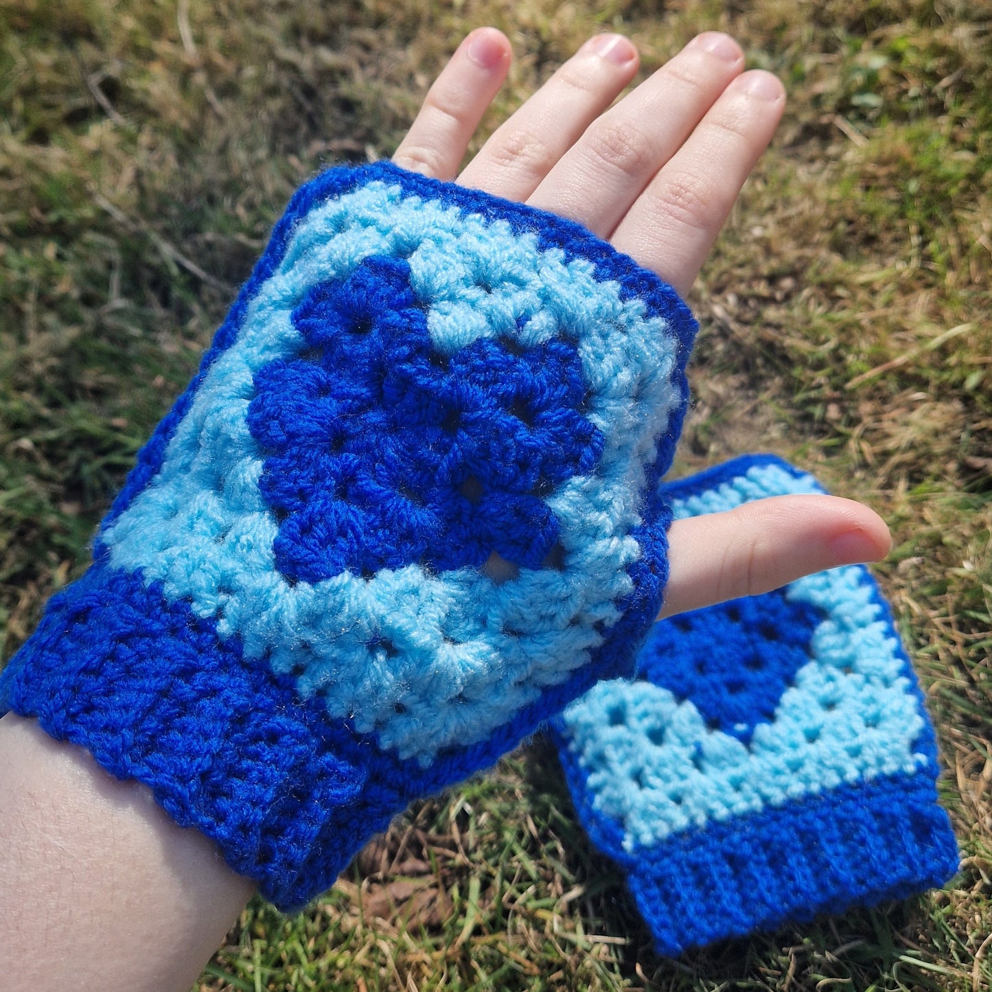 Crochet Granny Stitch Blue Ocean Fingerless Gloves/Hand Warmers OOAK Handmade