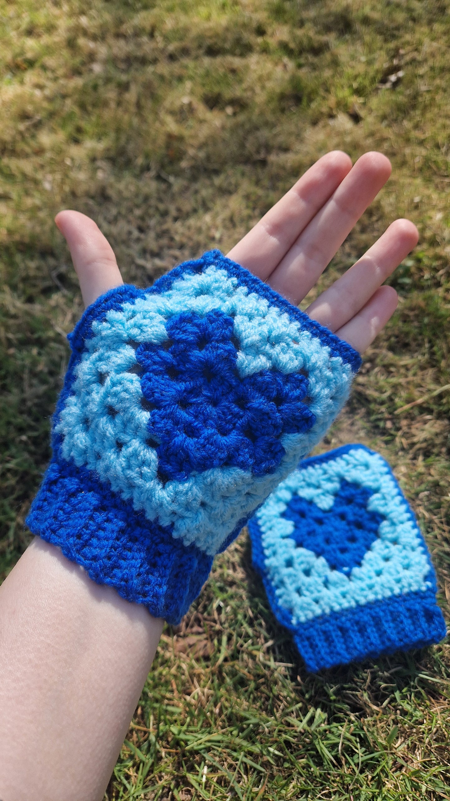 Crochet Granny Stitch Blue Ocean Fingerless Gloves/Hand Warmers OOAK Handmade