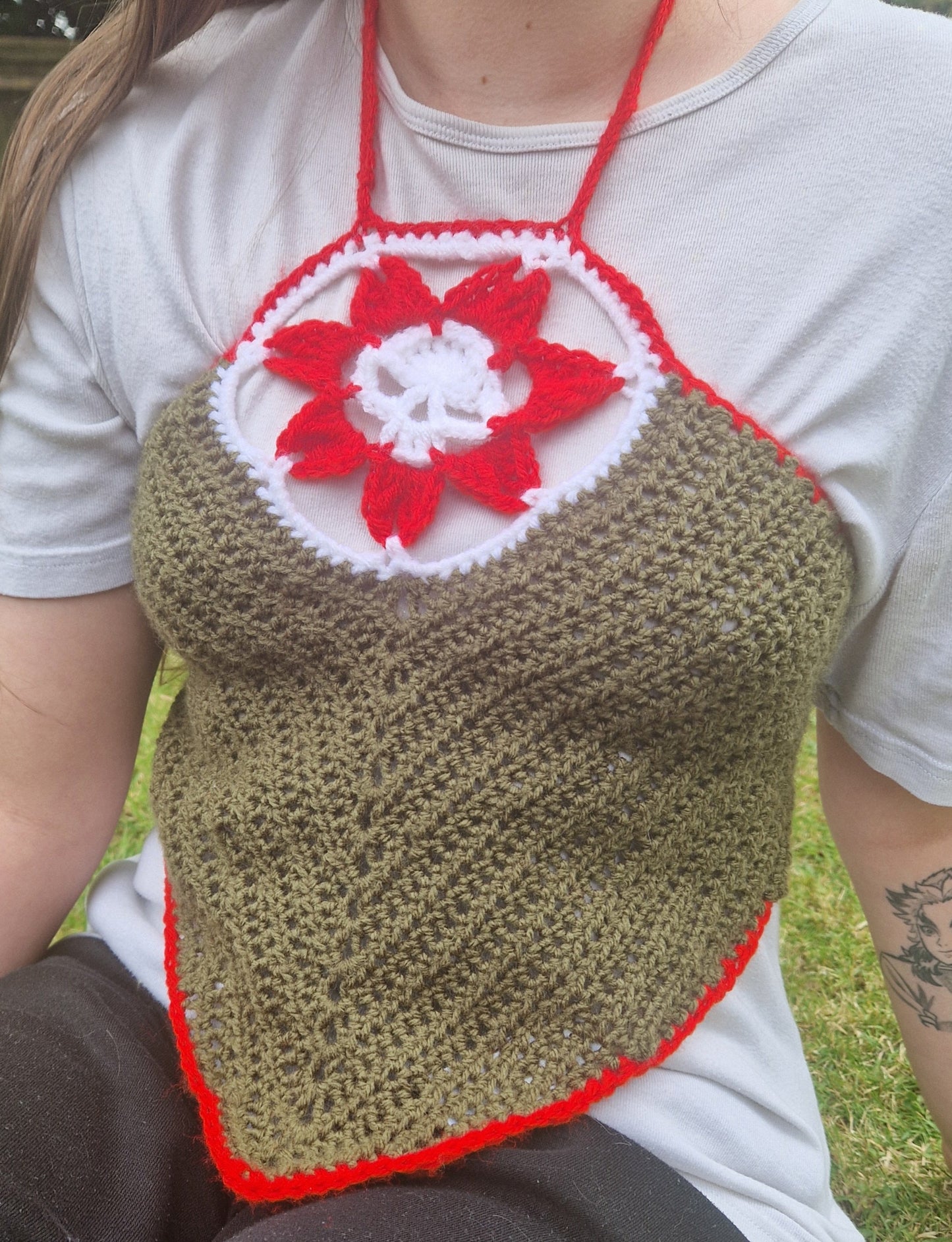 Skull Death Flower Triangle Shaped Lace Up Crop Top Size S