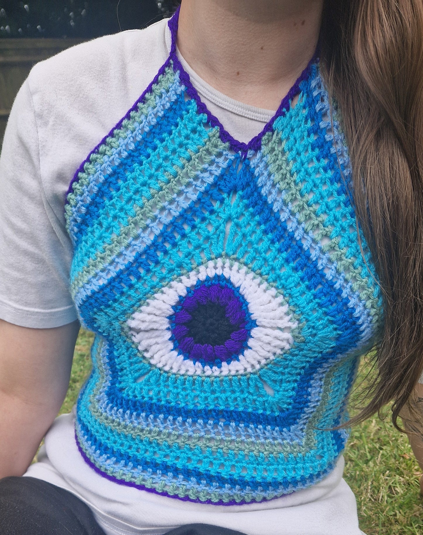 Third Eye Festival Crochet Corset Crop Top With Corset Style Lace Up Back Purple x Blue SIZE S