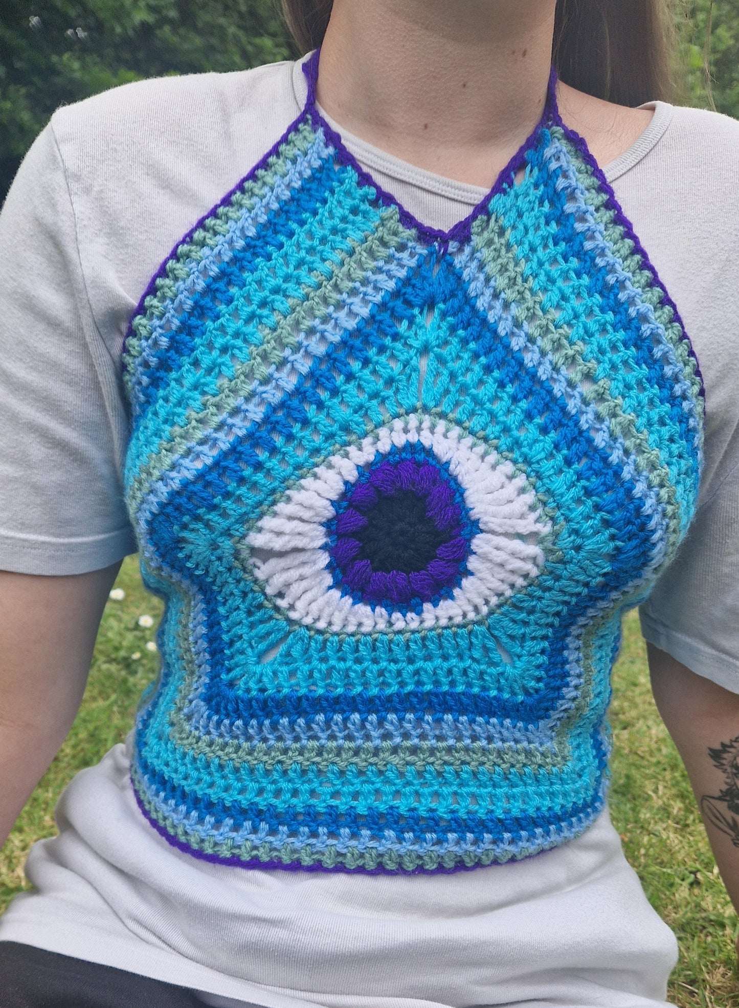 Third Eye Festival Crochet Corset Crop Top With Corset Style Lace Up Back Purple x Blue SIZE S