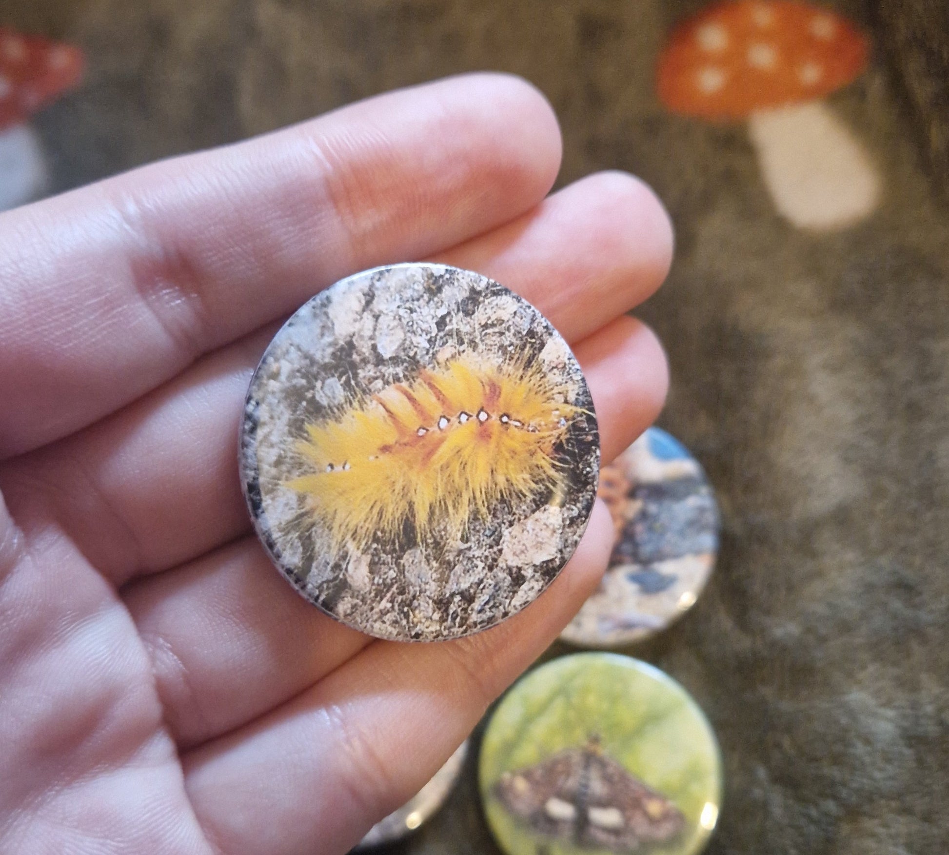 Close-up of a hand holding a round, pin badge with a colorful caterpillar design against a textured background.