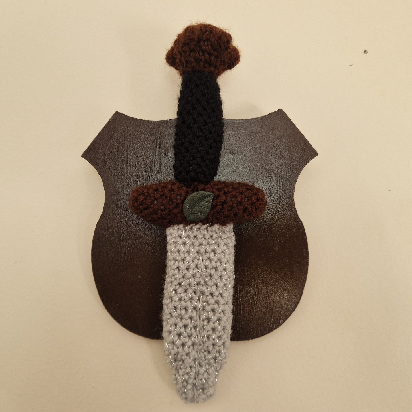 Crochet Mini Dagger Mounted On Shield With Leaf Button