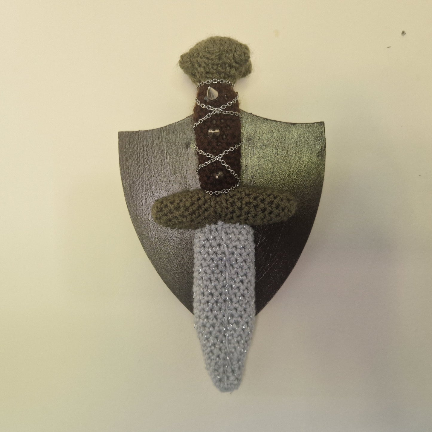 Crochet Mini Dagger Mounted On Shield With Chain & Spikes