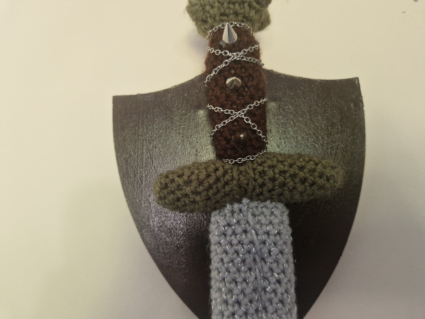 Crochet Mini Dagger Mounted On Shield With Chain & Spikes