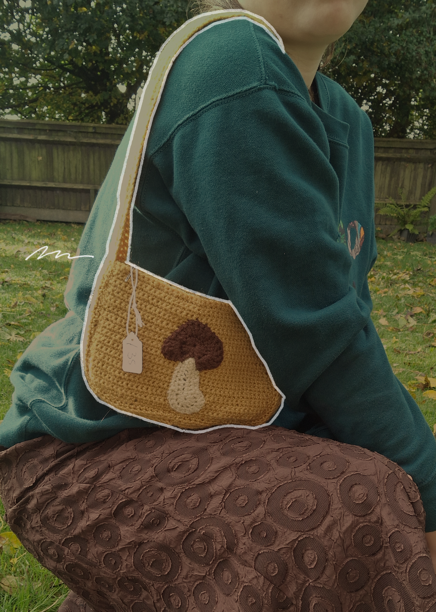 Handmade Crochet Mustard Shoulder Bag Purse With Mushroom Applique