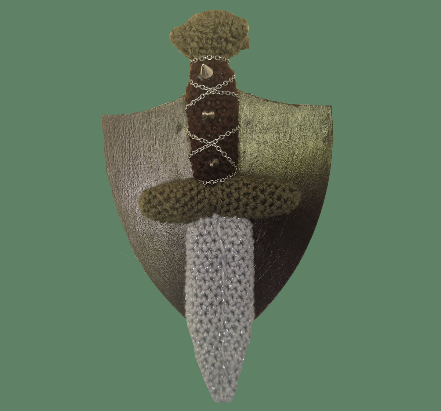 Crochet Mini Dagger Mounted On Shield With Chain & Spikes