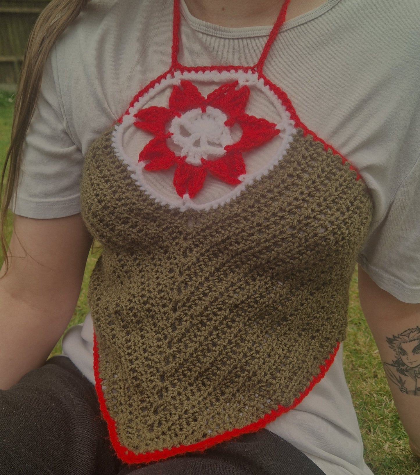 Skull Death Flower Triangle Shaped Lace Up Crop Top Size S