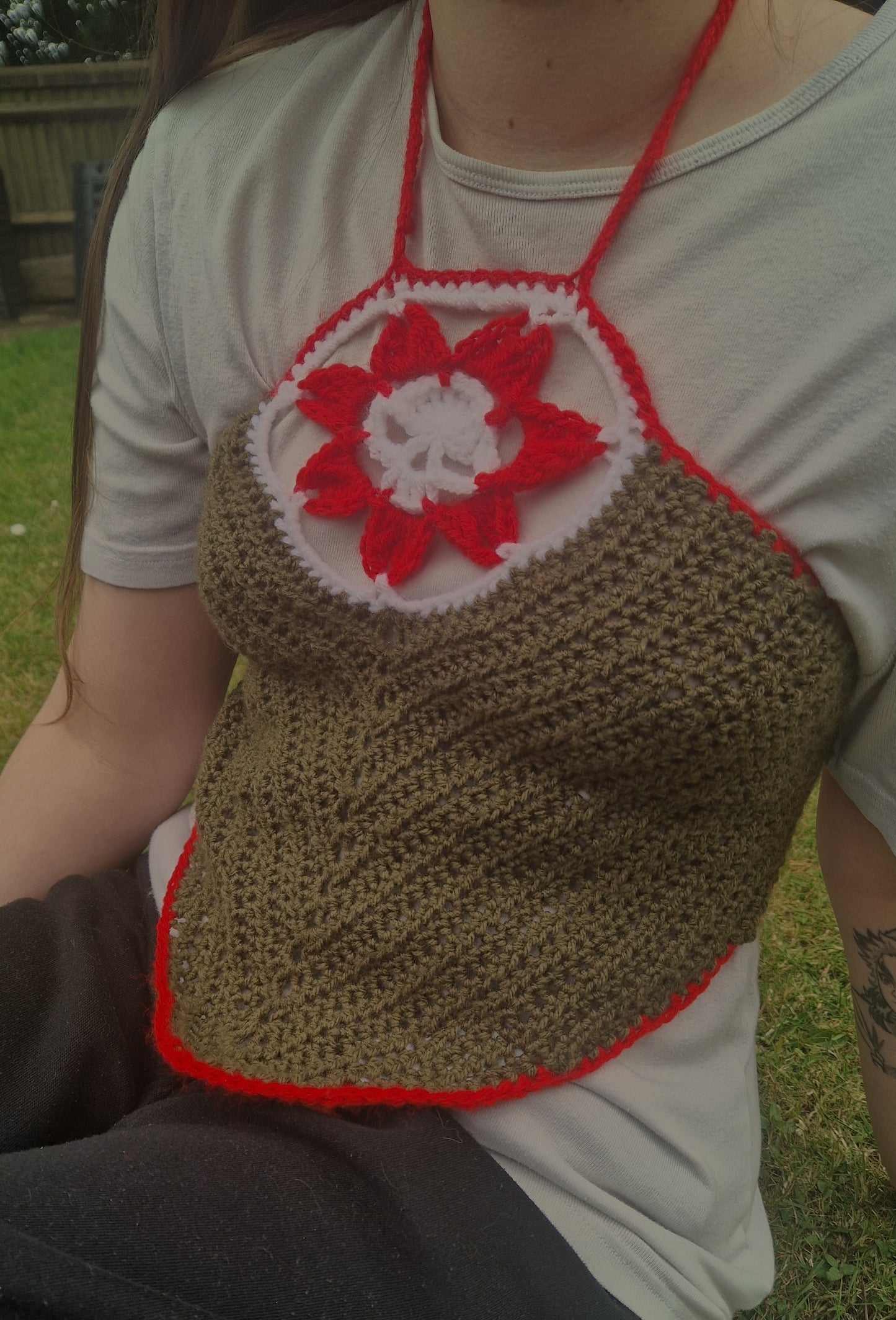 Skull Death Flower Triangle Shaped Lace Up Crop Top Size S