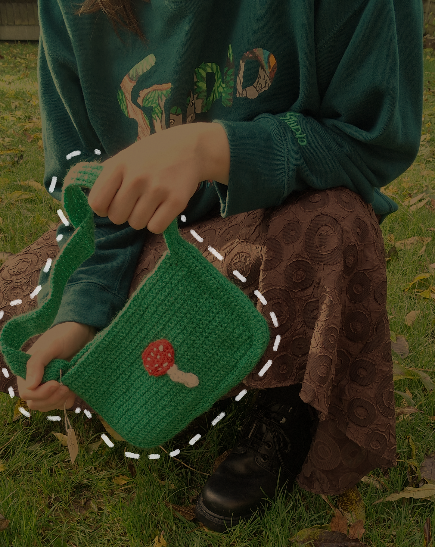 Handmade Crochet Green Shoulder Bag Purse With Mushroom Applique