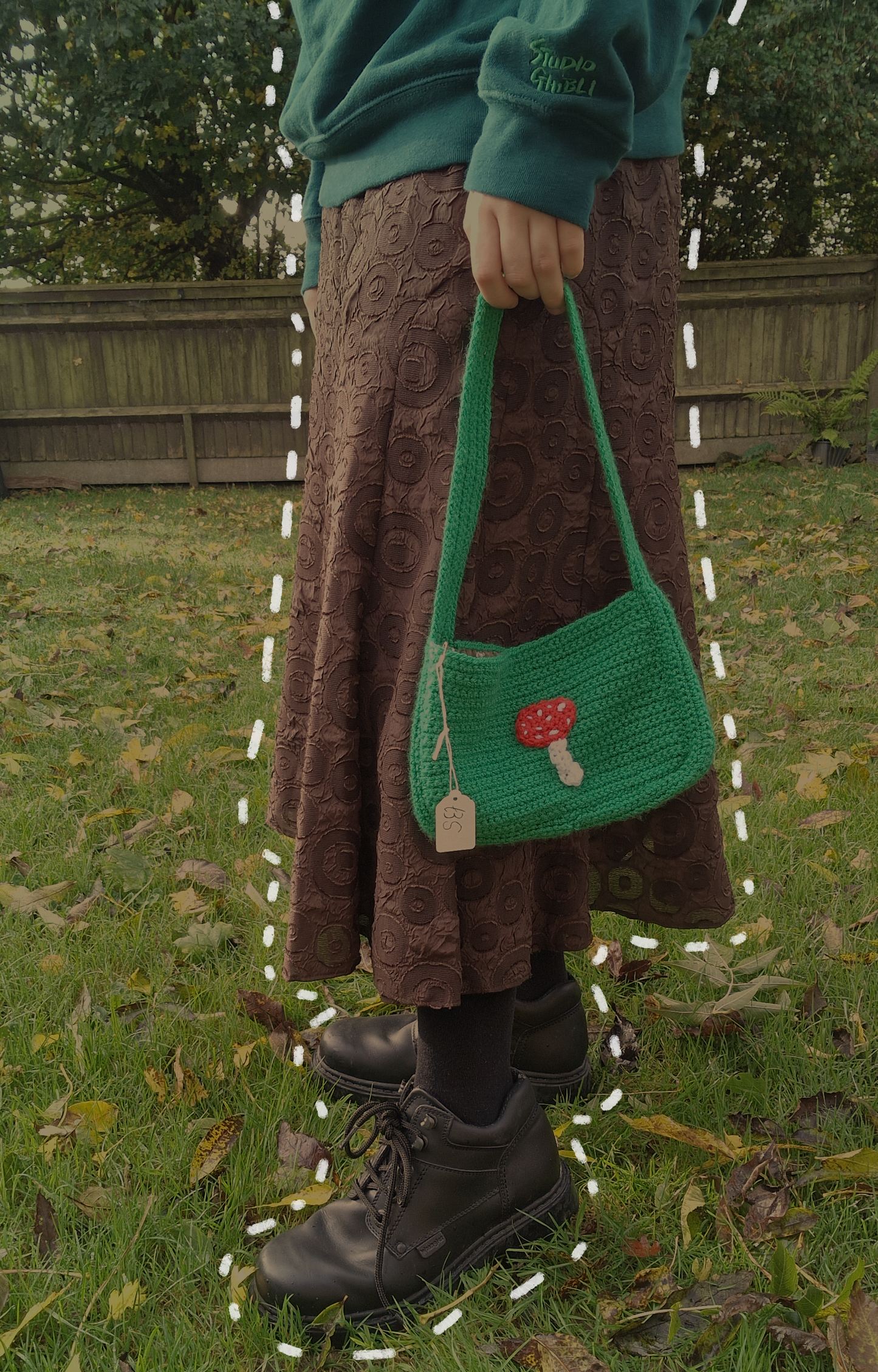 Handmade Crochet Green Shoulder Bag Purse With Mushroom Applique